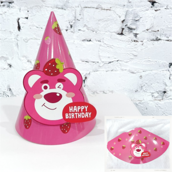 Mũ sinh nhật giấy- Gấu Lotso dâu tây hồng (10mũ) (set)